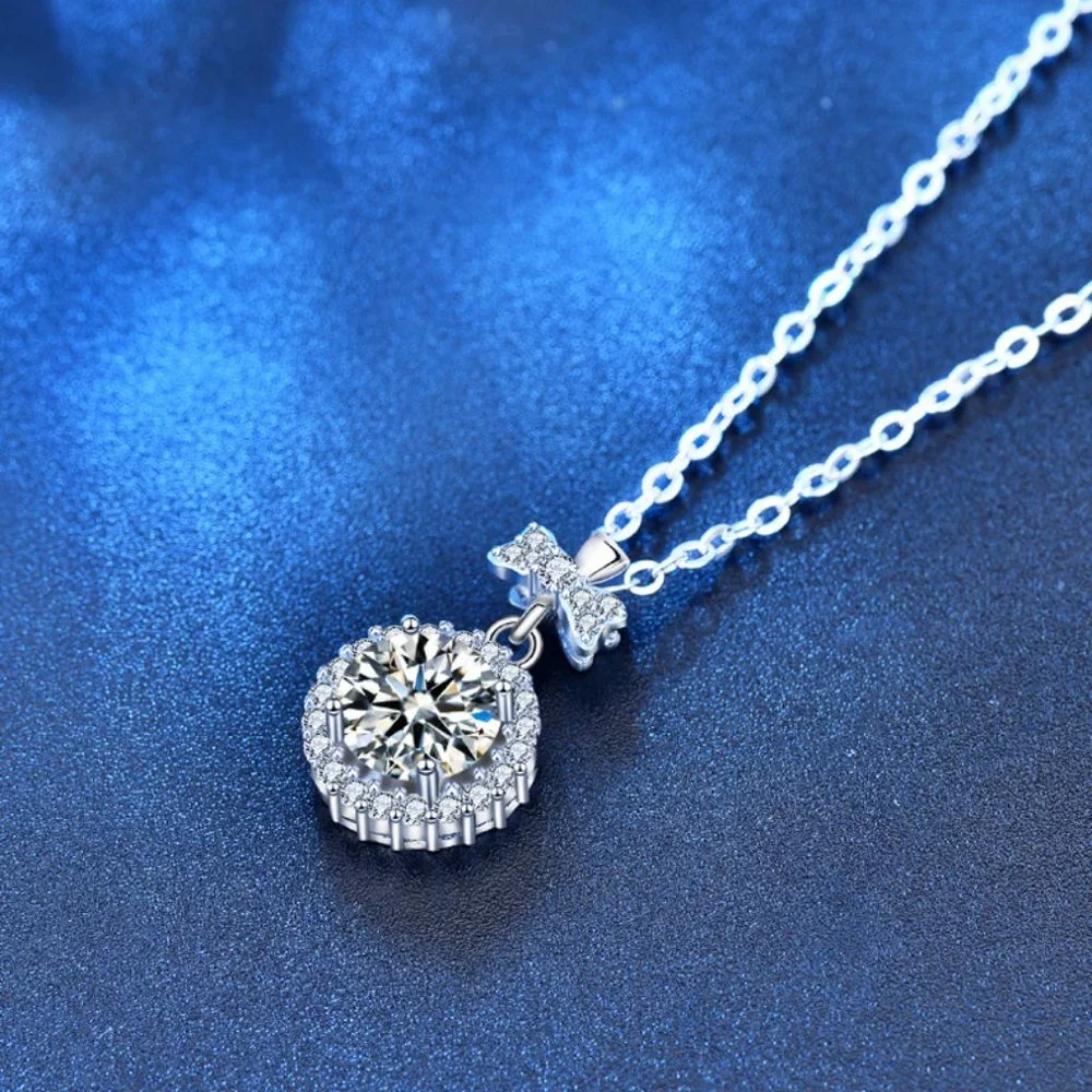 Certified 1ct. t.w. Moissanite Diamond Round Halo Bow Knot Pendant Necklace NEW